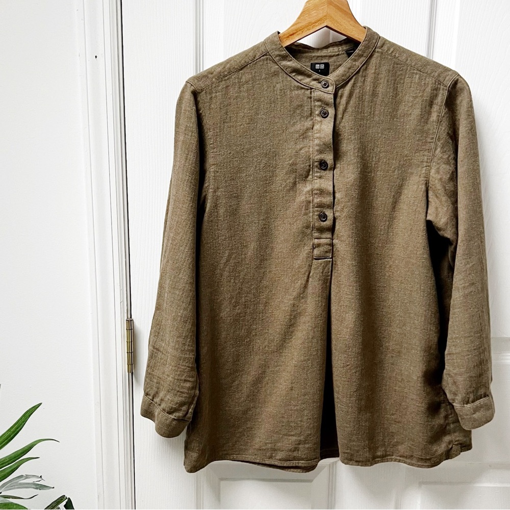 Uniqlo Womens Flannel Henley Top in Green
